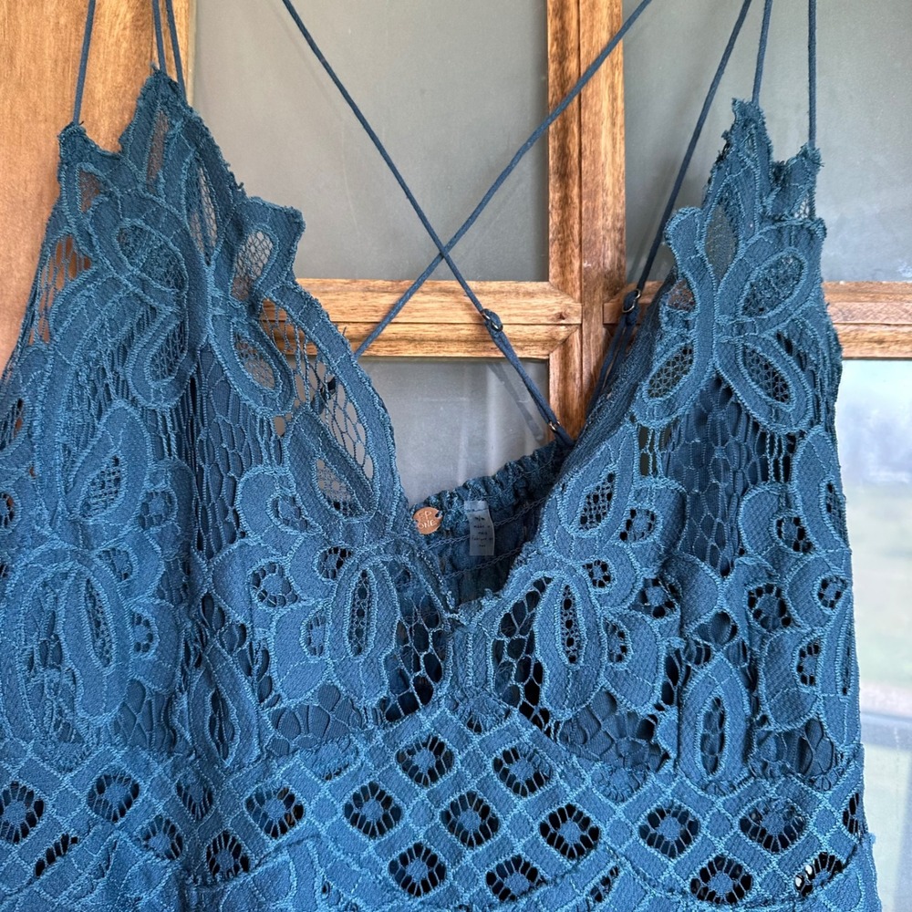 Free People FP One Maxi Dress Womens Medium Teal Blue Lace Boho Ruffle Hem - Picture 10 of 16